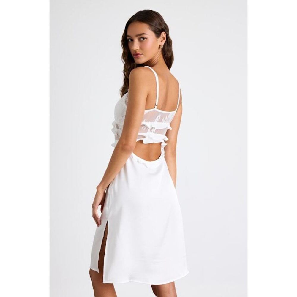 Lulus Lilena Ivory Satin Lace Ruffled Cutout Lingerie Slip White - Size M